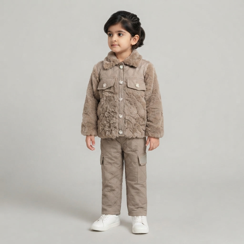 Kids Winter Fur Jacket & Cargo Set