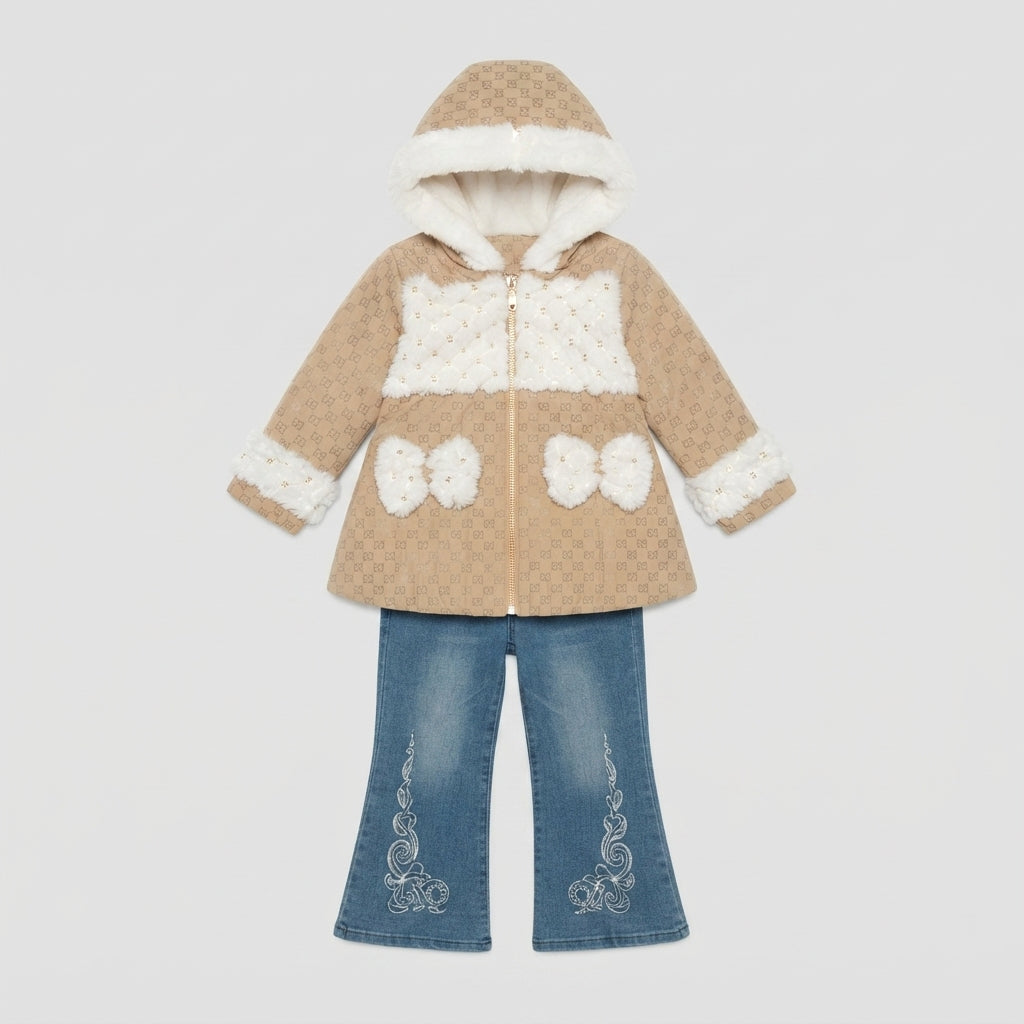 Cozy Faux-Fur Trimmed Hooded Coat & Embroidered Flare Jeans Set — Photo 2