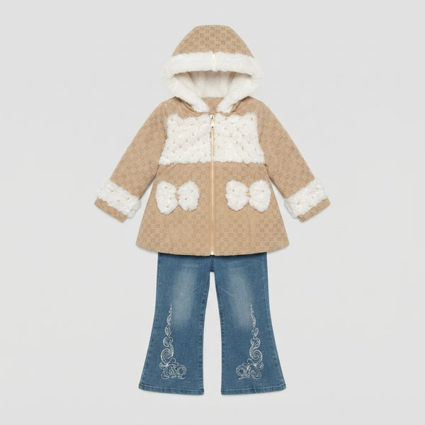 Cozy Faux-Fur Trimmed Hooded Coat & Embroidered Flare Jeans Set — Photo 2