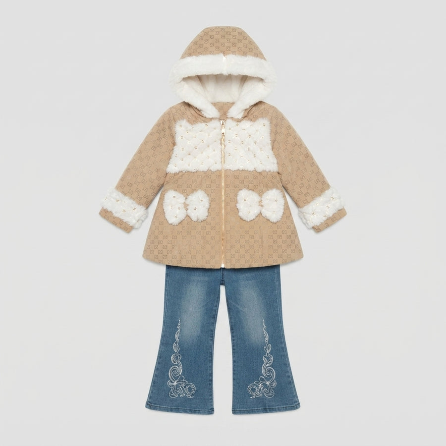 Cozy Faux-Fur Trimmed Hooded Coat & Embroidered Flare Jeans Set — Photo 2