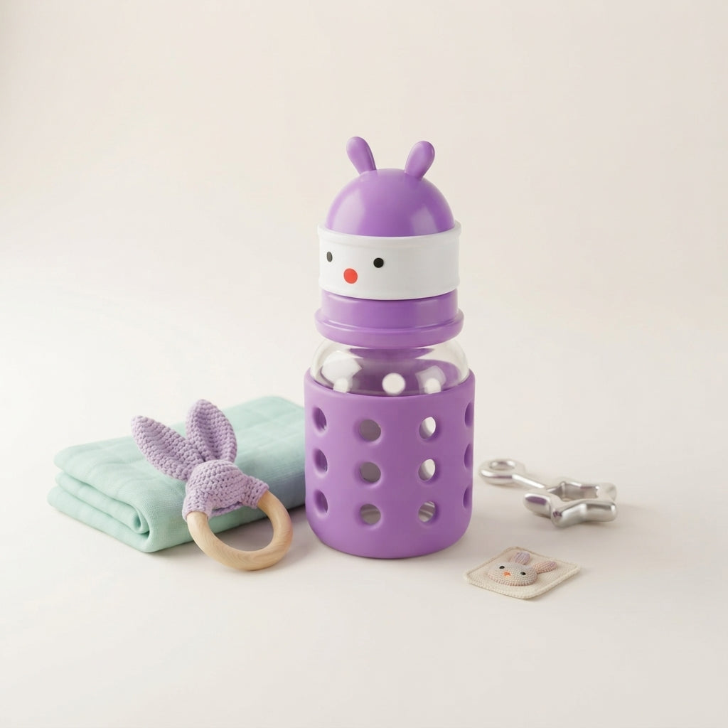 Glass Baby Feeder with Bunny Ear  2Oz  Purple