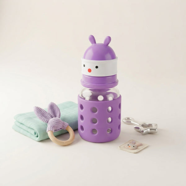 Glass Baby Feeder with Bunny Ear  2Oz  Purple