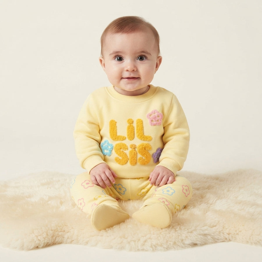 Baby Girls Lemon Yellow "Lil Sis" Two-Piece Fleece Suit with Floral Trousers