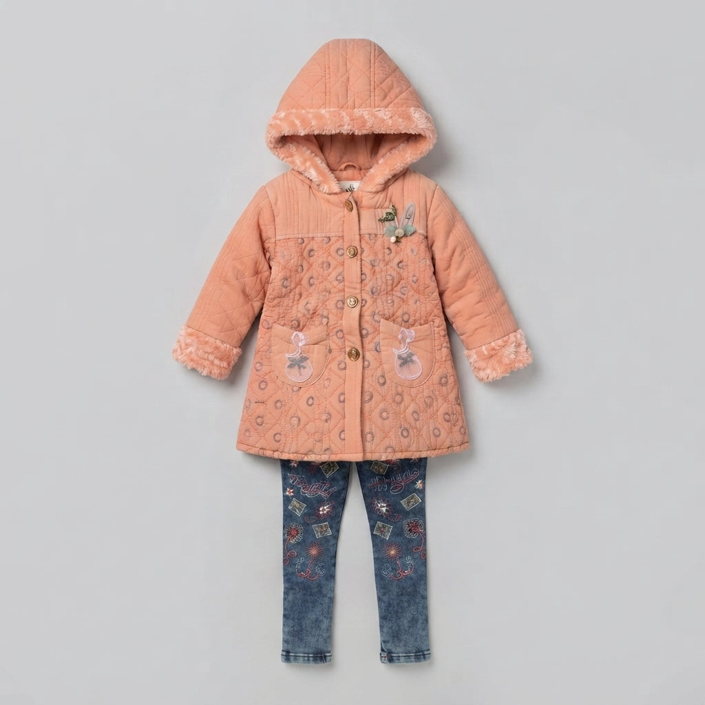 Peach Quilted Winter Coat & Embroidered Jeans Set for Toddler Girls