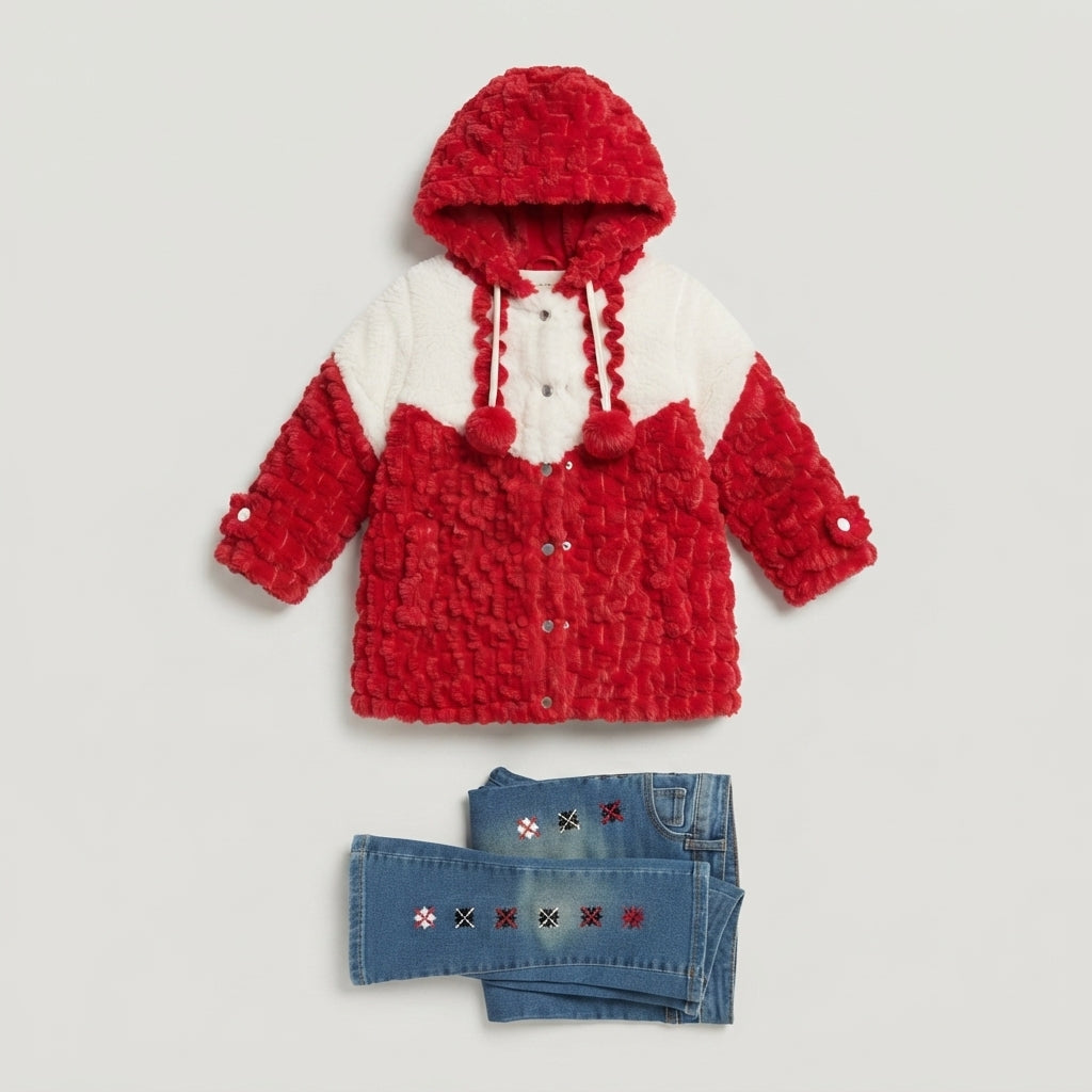 Girls Red & White Faux-Fur Hooded Coat and Embroidered — Photo 2