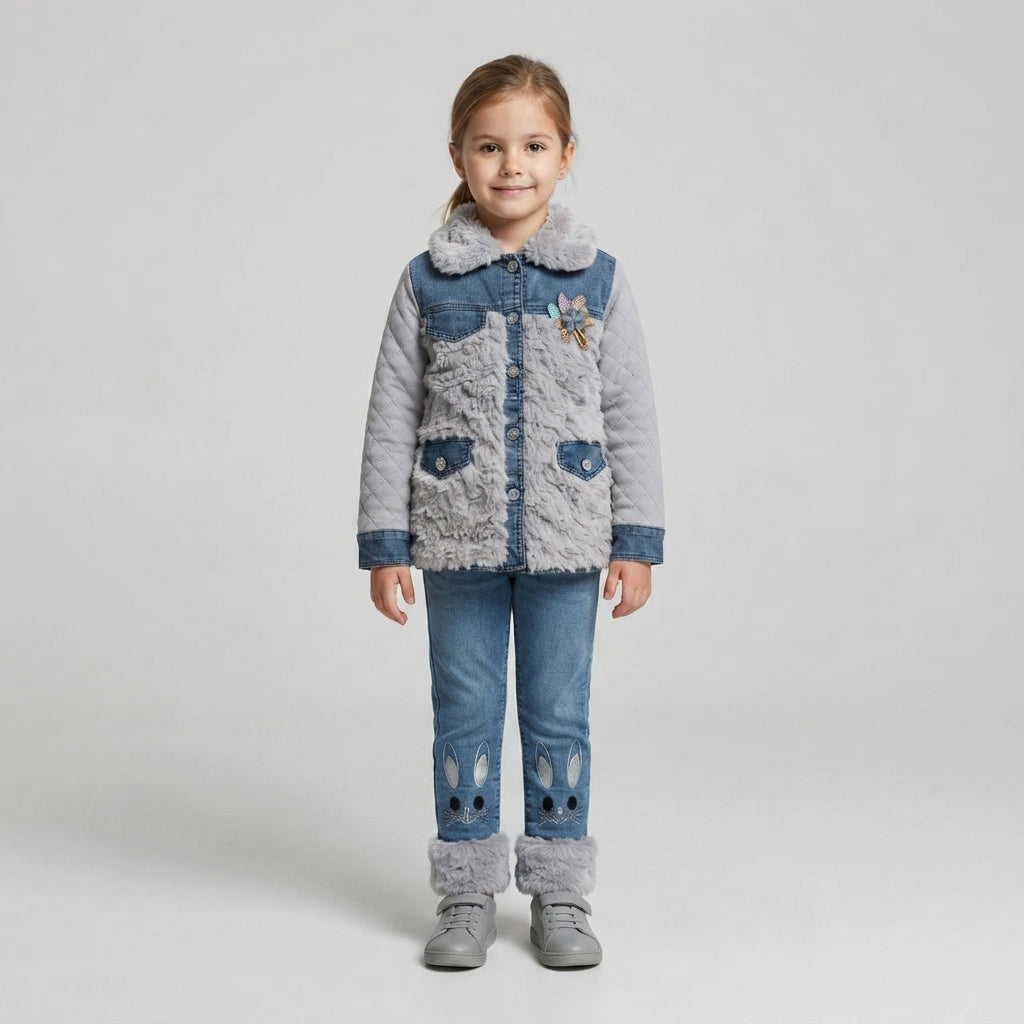 Girls Grey Quilted Denim & Faux Fur Jacket Set