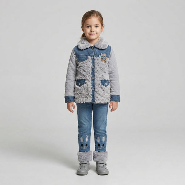 Girls Grey Quilted Denim & Faux Fur Jacket Set