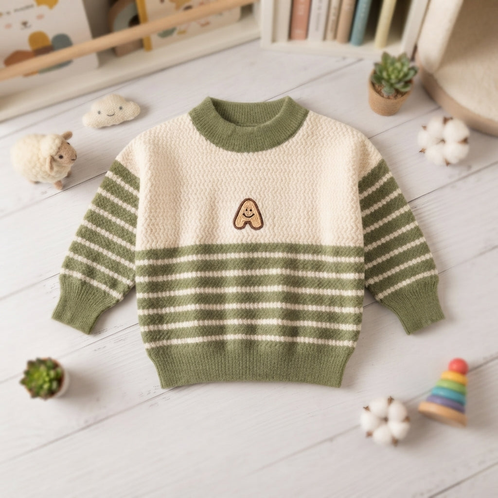 Boys Green & Beige Striped Wool Sweater – Cozy Winter Wear