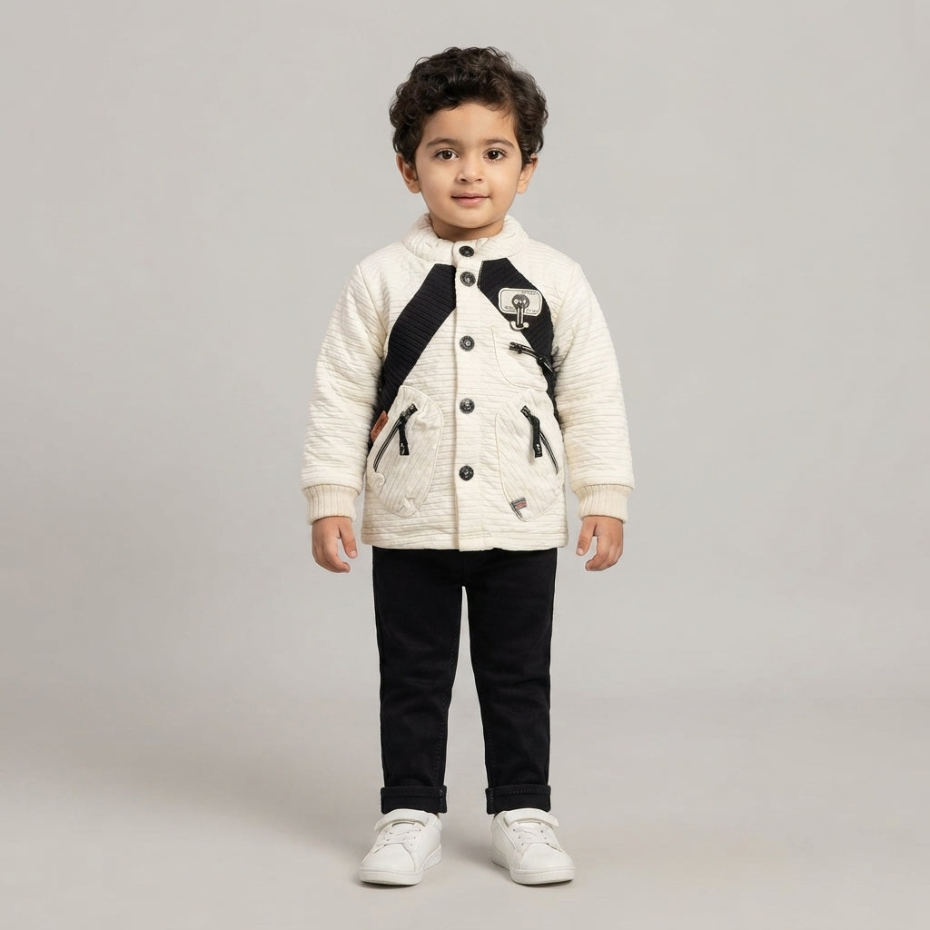 Boys Off-White & Black Quilted Winter Jacket Set