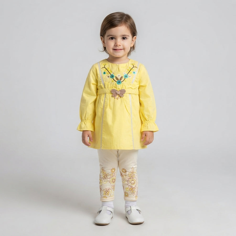 Girls Fleece-Lined Yellow Frock Set — Photo 2