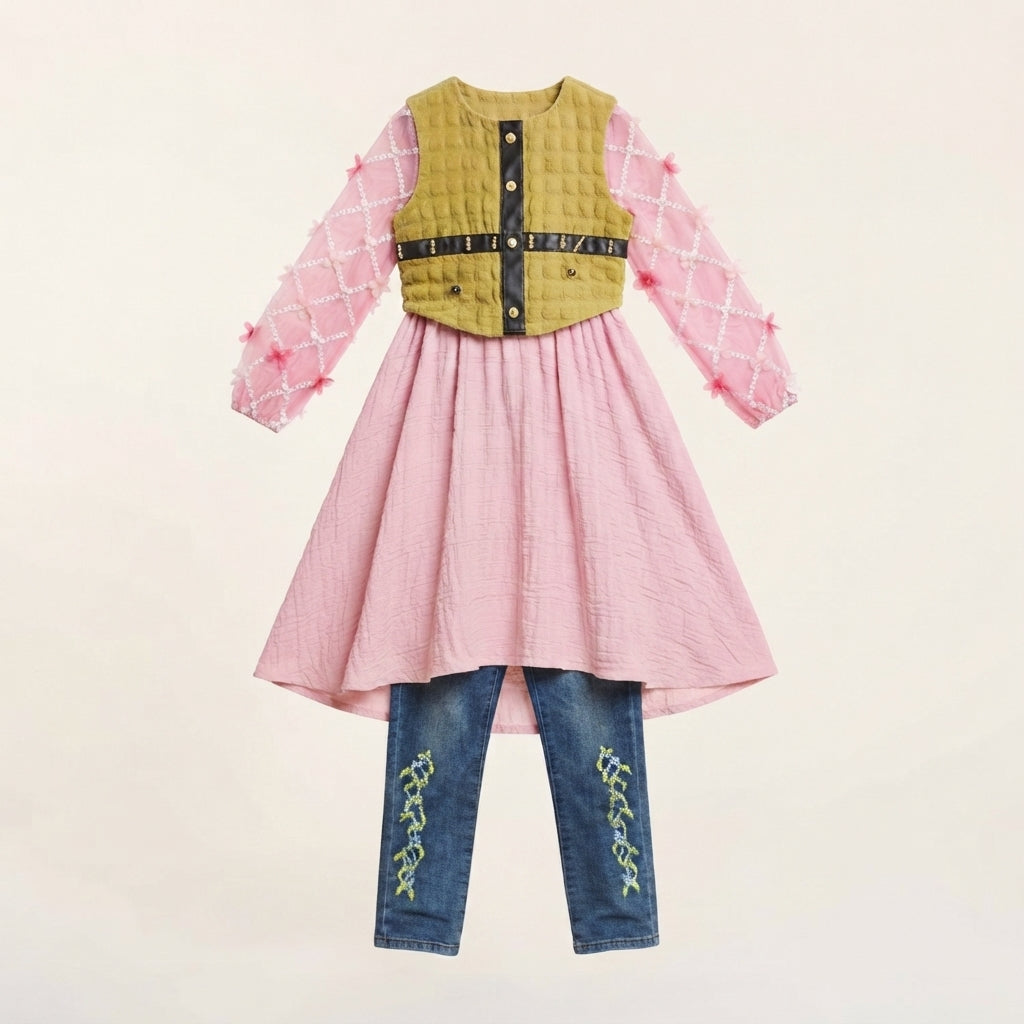 Pink and Pistachio Green Frock for Girls — Photo 2