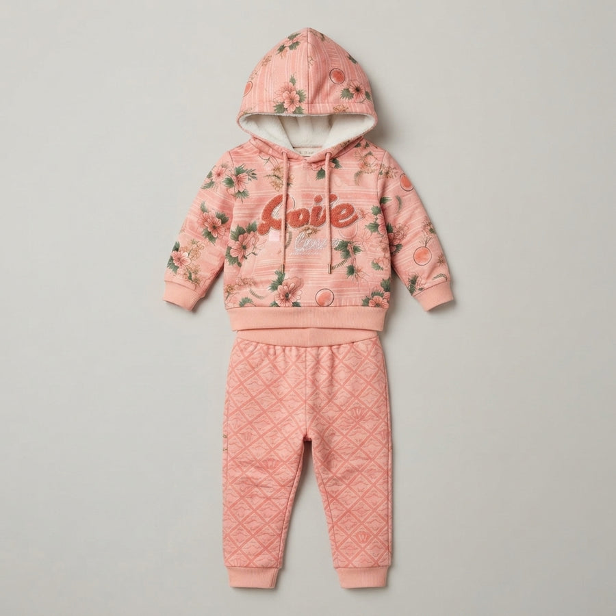 Girls Peach Floral Appliqué Hoodie Set — Photo 2