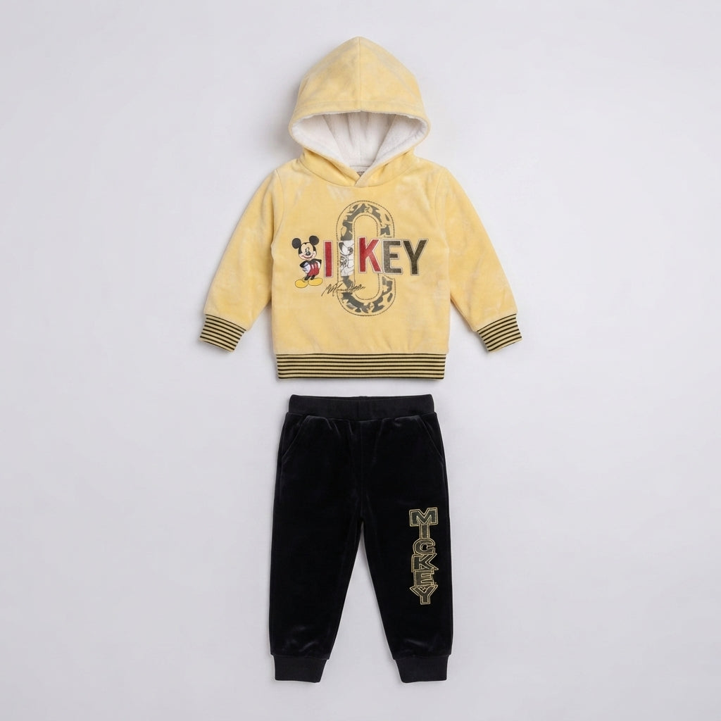 Boys Yellow Mickey Mouse Velvet Hoodie and Black Pants Set