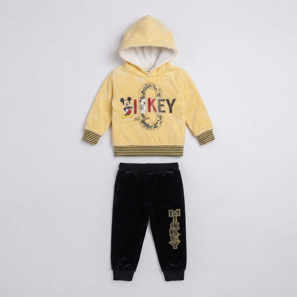 Boys Yellow Mickey Mouse Velvet Hoodie and Black Pants Set