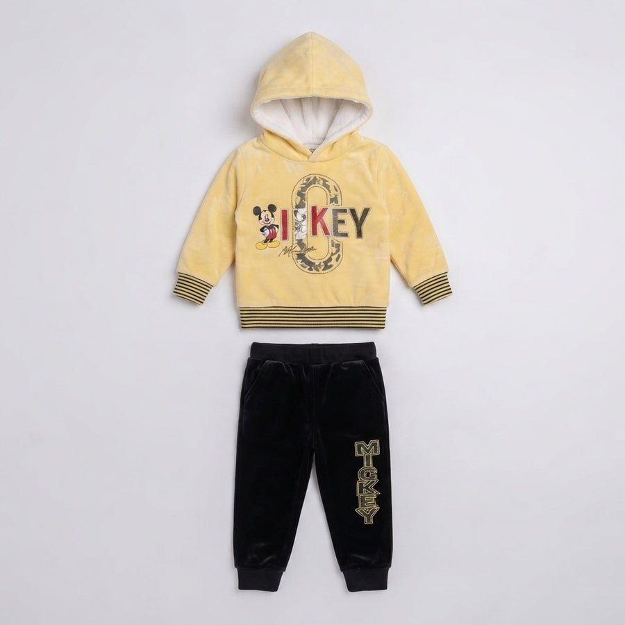 Boys Yellow Mickey Mouse Velvet Hoodie and Black Pants Set