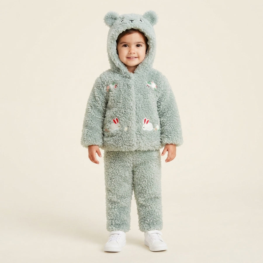 Toddler Girls Mint Green Fluffy Teddy Bear Ear Hooded Winter Fleece Tracksuit