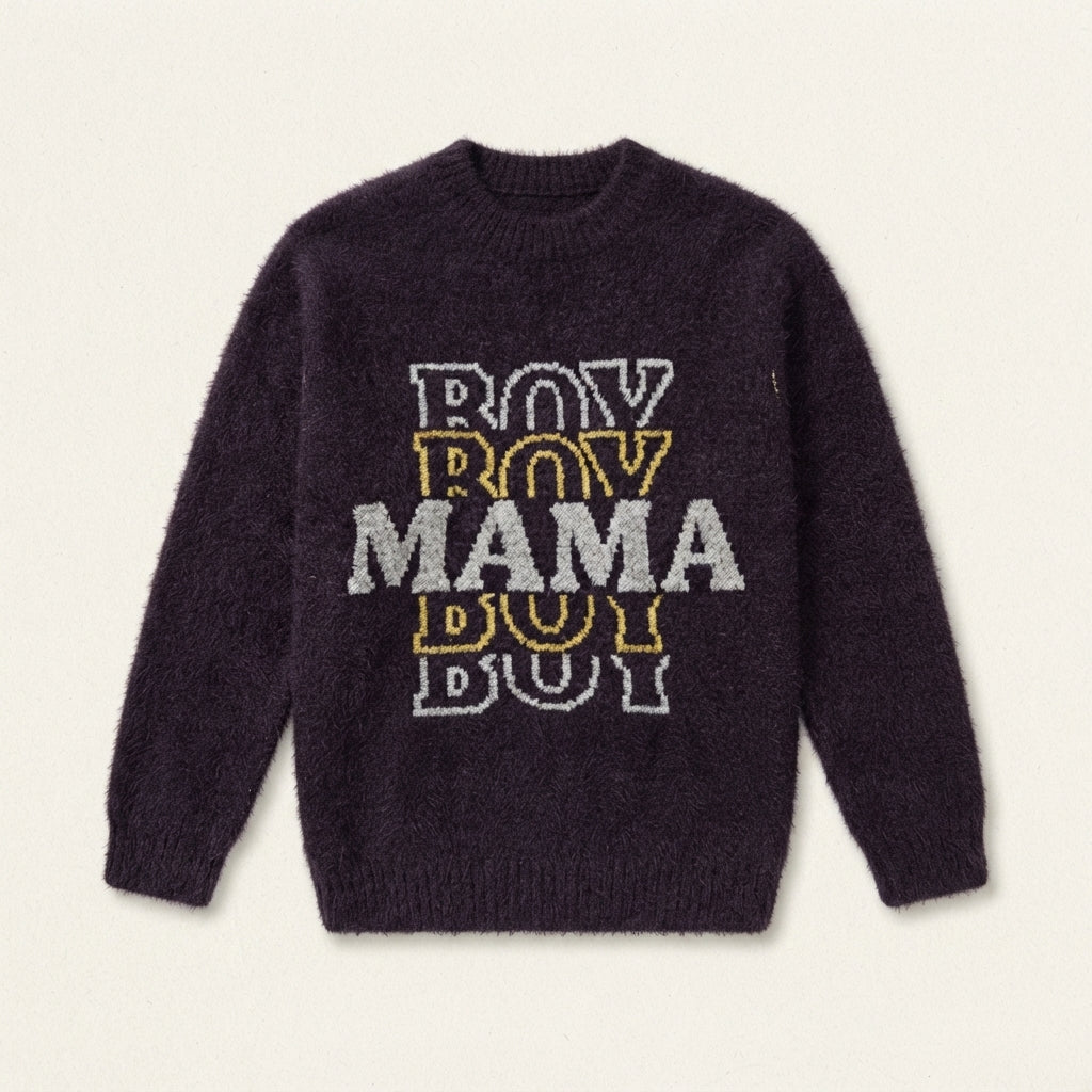 Kids Fuzzy Knit Dark Purple 'MAMA BOY' Crewneck Sweater