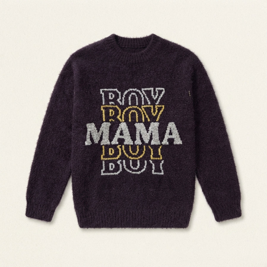 Kids Fuzzy Knit Dark Purple 'MAMA BOY' Crewneck Sweater