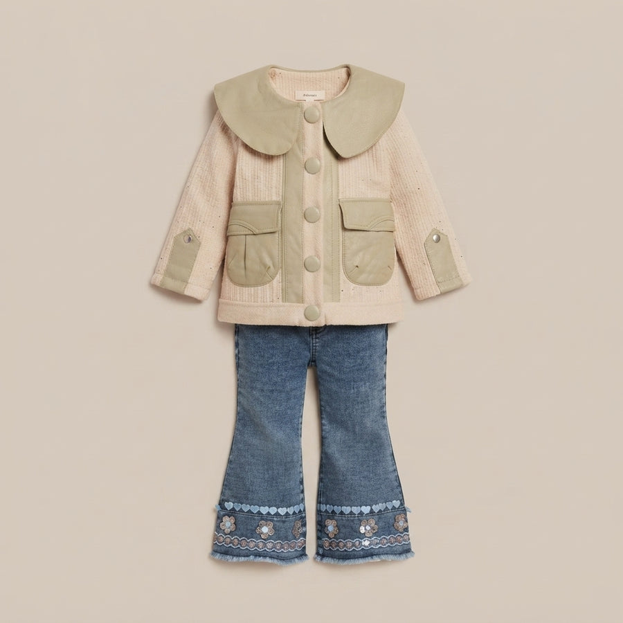 Toddler Girls' Chic Textured Jacket with Faux-Leather Collar & Embroidered Flare Jeans Set
