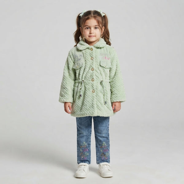 Girls Mint Green Faux Fur Winter Coat and Embroidered Denim Jeans Set