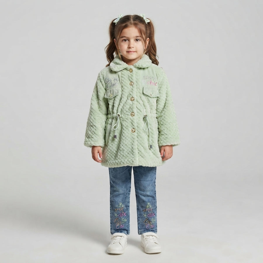 Girls Mint Green Faux Fur Winter Coat and Embroidered Denim Jeans Set