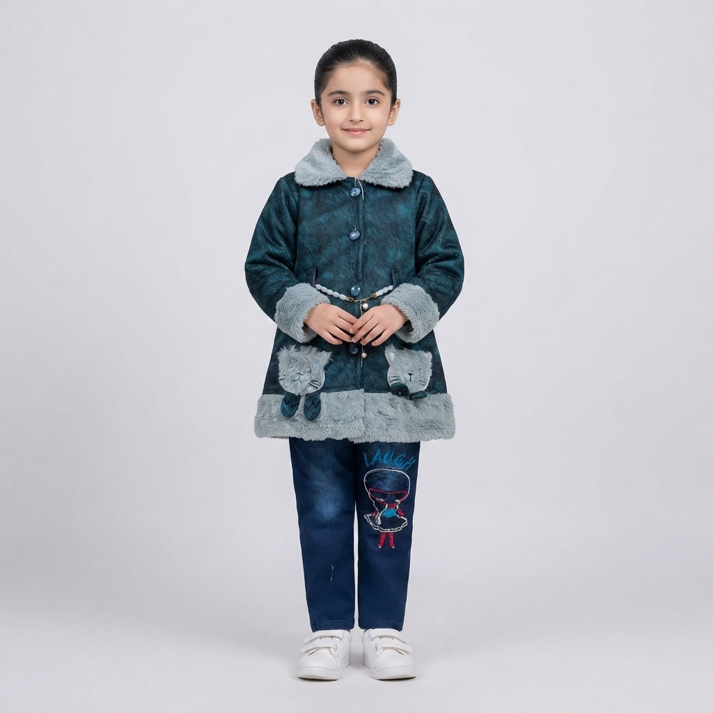 Girls Teal Fur Collar Coat and Denim