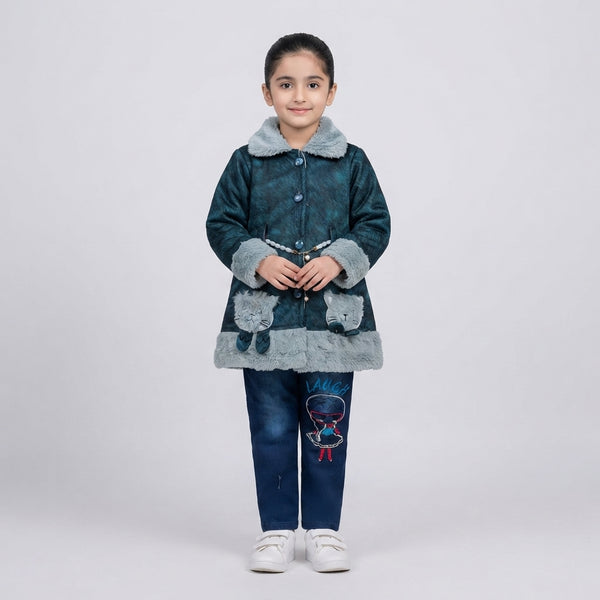 Girls Teal Fur Collar Coat and Denim