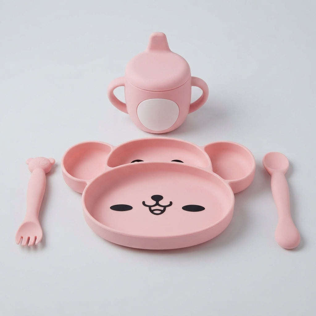 Cute Pink Bear Silicone Baby Feeding Set
