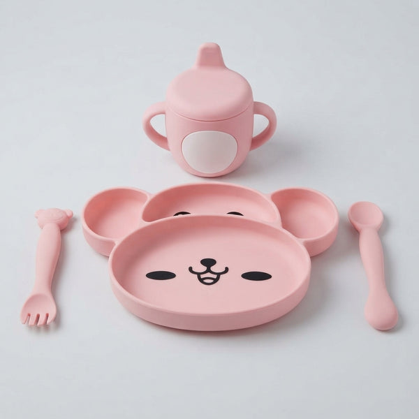 Cute Pink Bear Silicone Baby Feeding Set