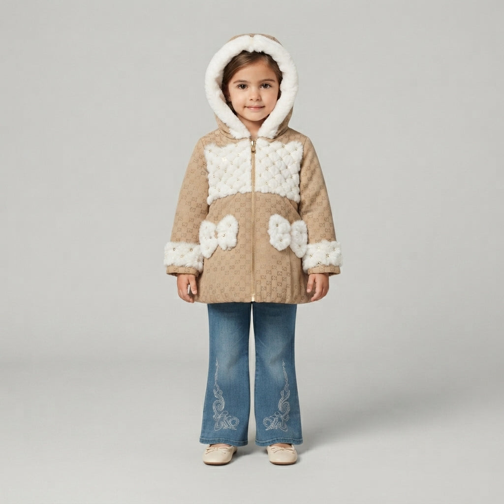 Cozy Faux-Fur Trimmed Hooded Coat & Embroidered Flare Jeans Set
