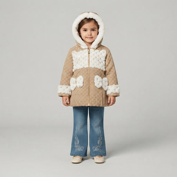 Cozy Faux-Fur Trimmed Hooded Coat & Embroidered Flare Jeans Set