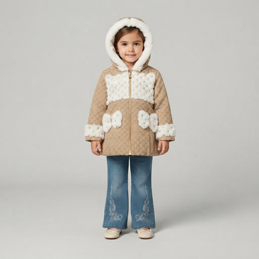 Cozy Faux-Fur Trimmed Hooded Coat & Embroidered Flare Jeans Set