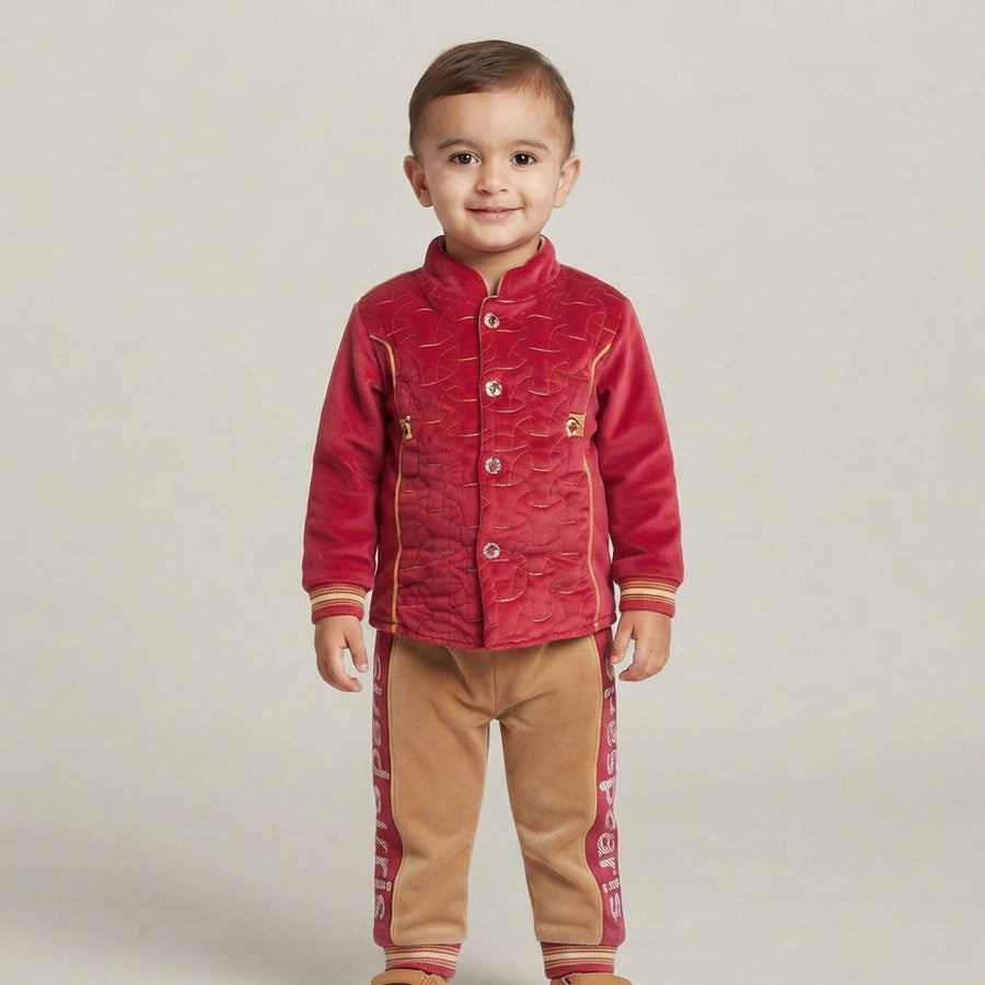 Boys Premium Velvet 2-Piece Winter Suit – Red Shirt Yellow Trouser