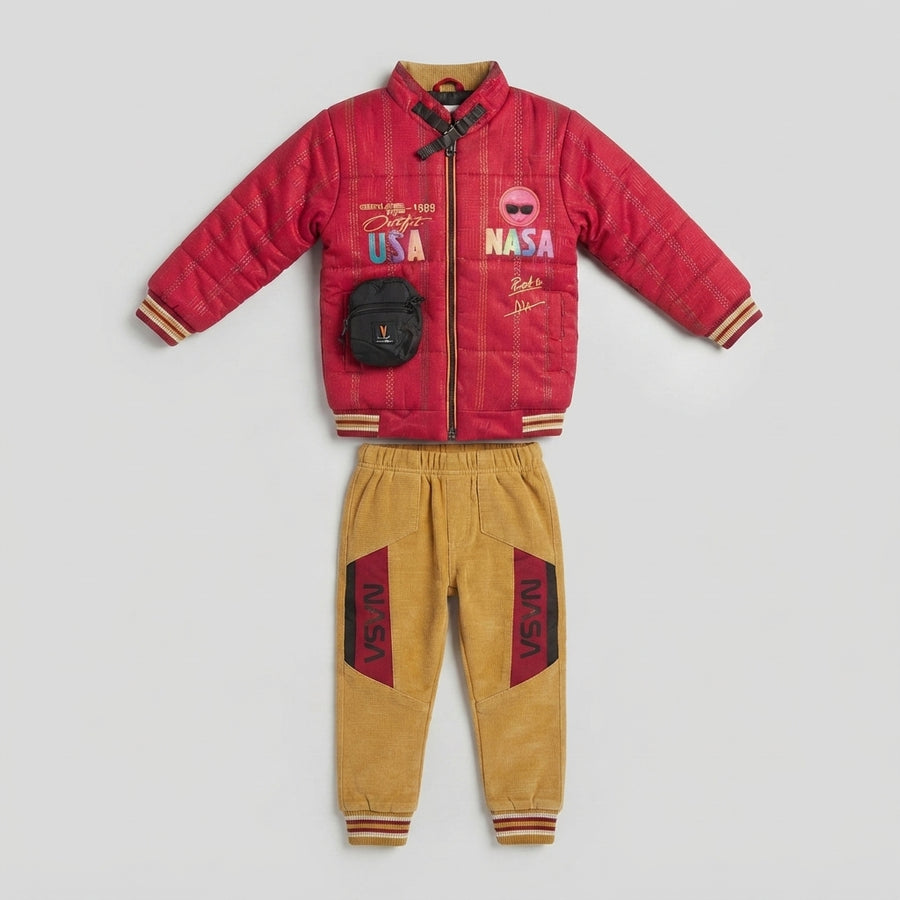 Boys Red Puffer Jacket & Mustard Joggers Winter Tracksuit