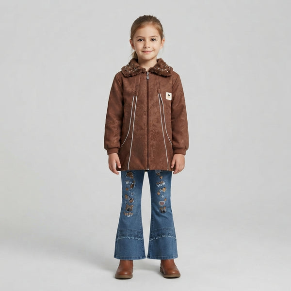Girls Brown Suede Jacket & Embellished Flare Jeans Set