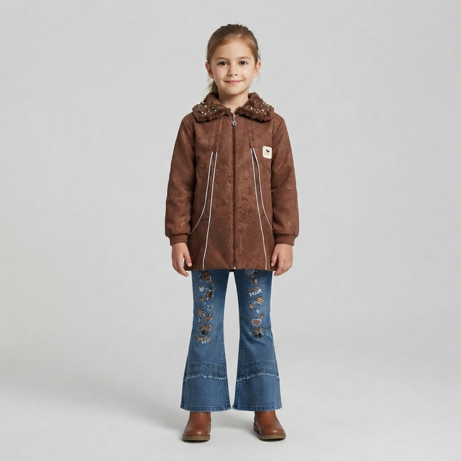 Girls Brown Suede Jacket & Embellished Flare Jeans Set