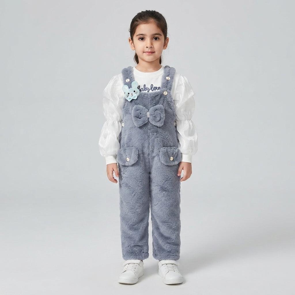 Girls Grey Plush Overalls & Top Set