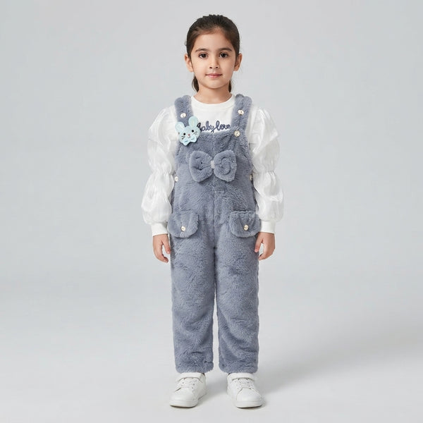 Girls Grey Plush Overalls & Top Set