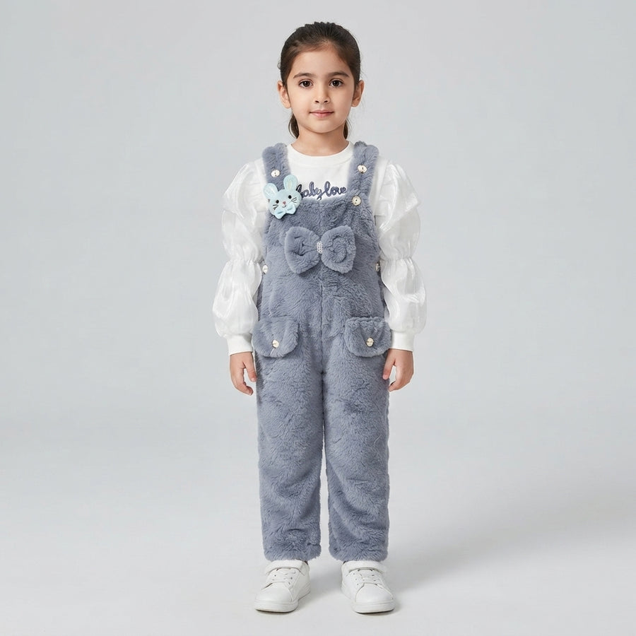 Girls Grey Plush Overalls & Top Set