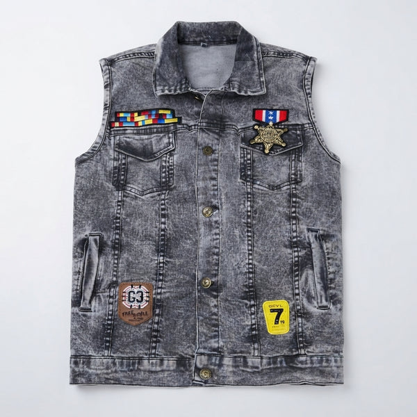 Boys Grey Acid-Wash Denim Vest with Patches — Photo 2