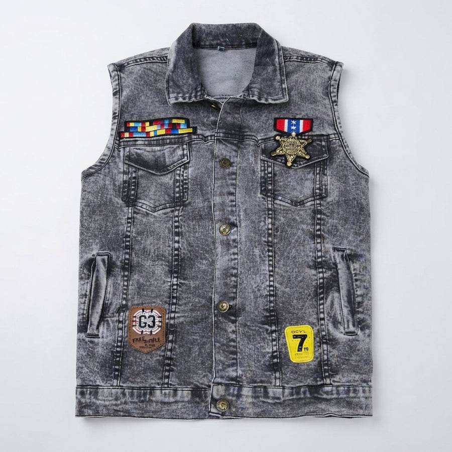 Boys Grey Acid-Wash Denim Vest with Patches — Photo 2