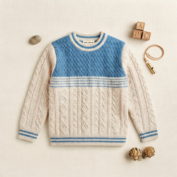 Kids Blue and Cream Cable-Knit Winter Pullover Sweater