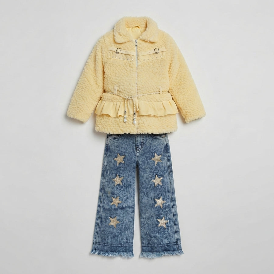 Girls Yellow Faux Fur Jacket Set — Photo 2