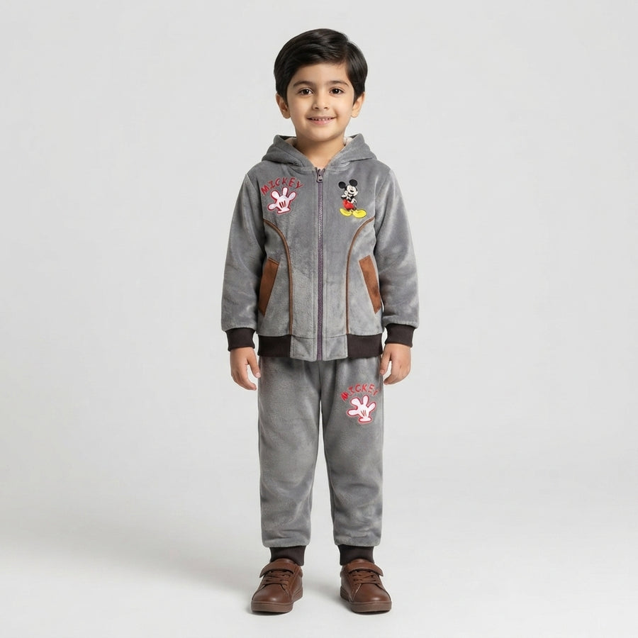 Boys Grey Mickey Mouse Fleece Zip-Up Hoodie Tracksuit Set