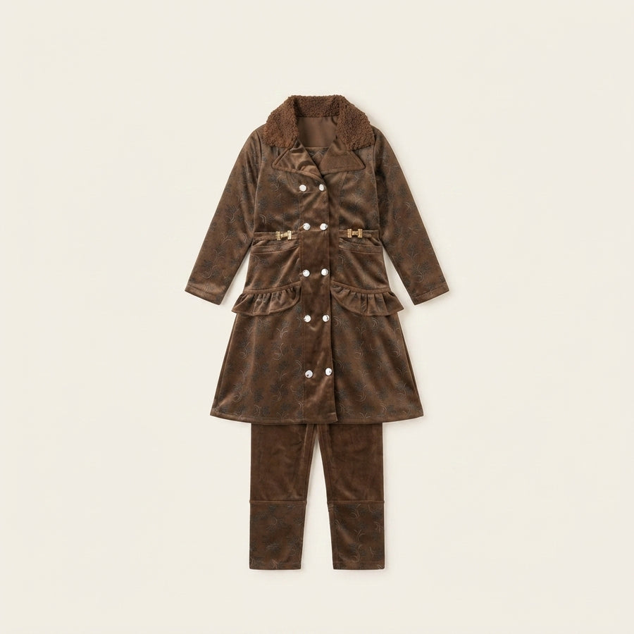 Elegant Floral Print Velvet Coat and Trouser Set  — Photo 2
