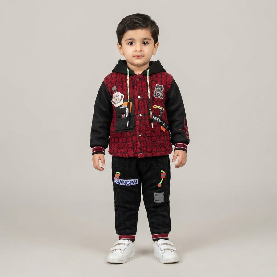 Boys Red & Black Designer Fleece Winter Tracksuit