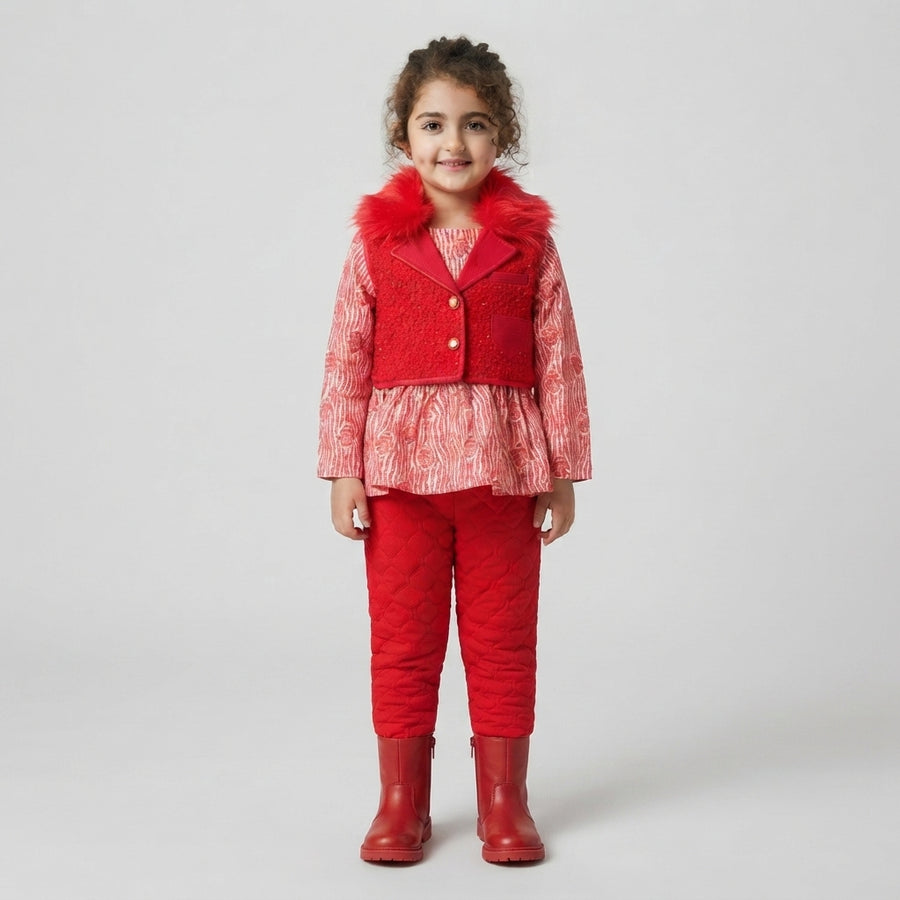 Red 3 Piece Suit for Girls | Stylish Winter Kids Outfit