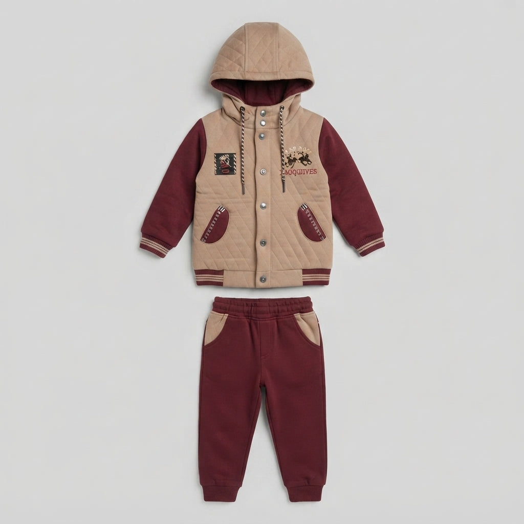 Boys Maroon and Beige Quilted Tracksuit — Photo 2