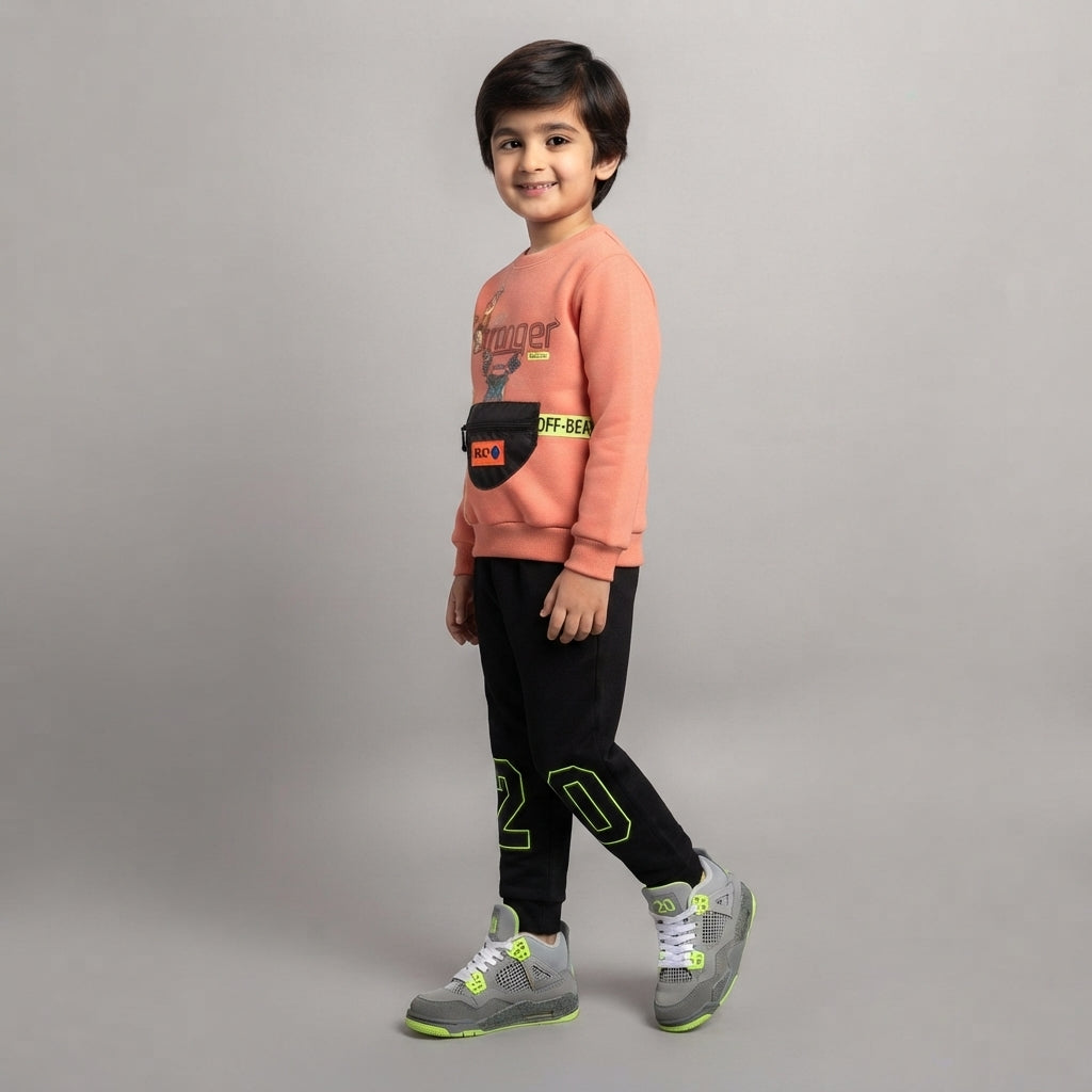 Kids' Peach Sweatshirt and Black Neon-Accent Joggers Outfit Set