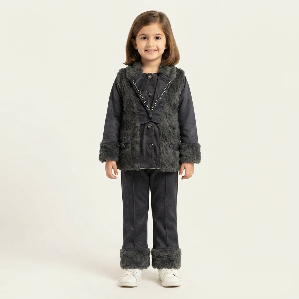 Girls Dark Charcoal Shearling Trimmed 2-Piece Winter Suit